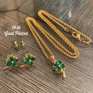Vintage Four Leaf Clover Necklace & Earrings Set 18K Gold Plated Lucky Green